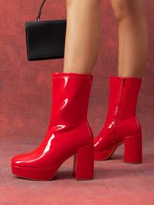 Women's Chunky Platform Mid-Calf Boots Waterproof Square Toe Fashionable Lightweight Comfort Elegant Bright Solid Color Side Zipper Classic For Parties Dress Festival Ankle Go Go Red Boots - 紅色 - 查看 4