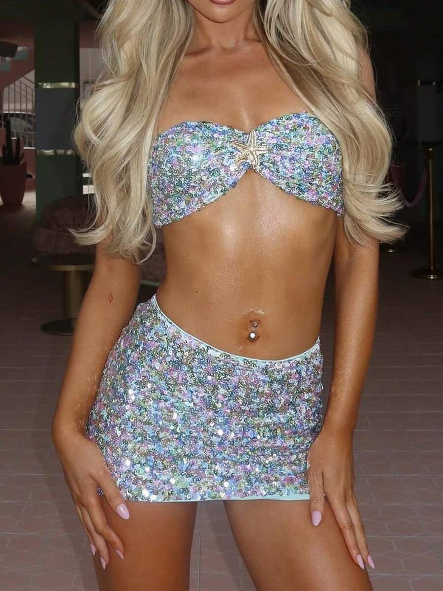 Women Sequin Sparkly Mini Skirt Set Y2K Starfish Shiny Bra Tops And Low Rise Bodycon Mini Skirt Set Summer Glitter Going Out Club Suit - Bạc - Xem 1