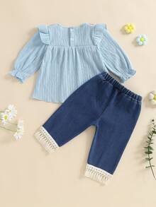 Baby Girl 2Pcs Fall Outfits Bohemian Long Sleeve Floral Tops + Denim Pants Set Toddler Clothes - Màu xanh lam - Xem 2