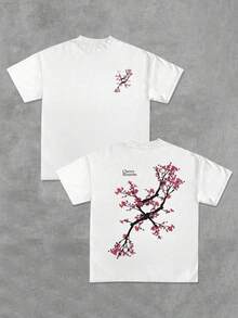 Cherry Blossom Double Sided Digital Printed 220g T Shirt Casual Style 1pcs Men's Short Sleeve 100% Cotton Tee  Japanese Floral Graphic Tee - 白色 - 查看 1