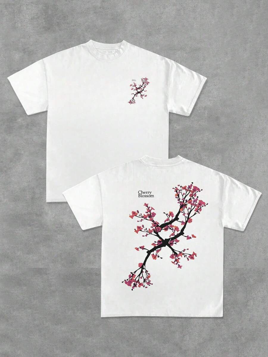 Cherry Blossom Double Sided Digital Printed 220g T Shirt Casual Style 1pcs Men's Short Sleeve 100% Cotton Tee  Japanese Floral Graphic Tee - 白色 - 查看 1