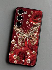 1pc Beautiful Red Rose & Butterfly Pearl Shockproof Anti-Slip Black Phone Case Compatible With Galaxy A04e/A05s/A13/A14/A15/A34/A35/A50/A52/A53/A54/S21/S22/S23/S24/S25/S25Ultra, 2D Image Design