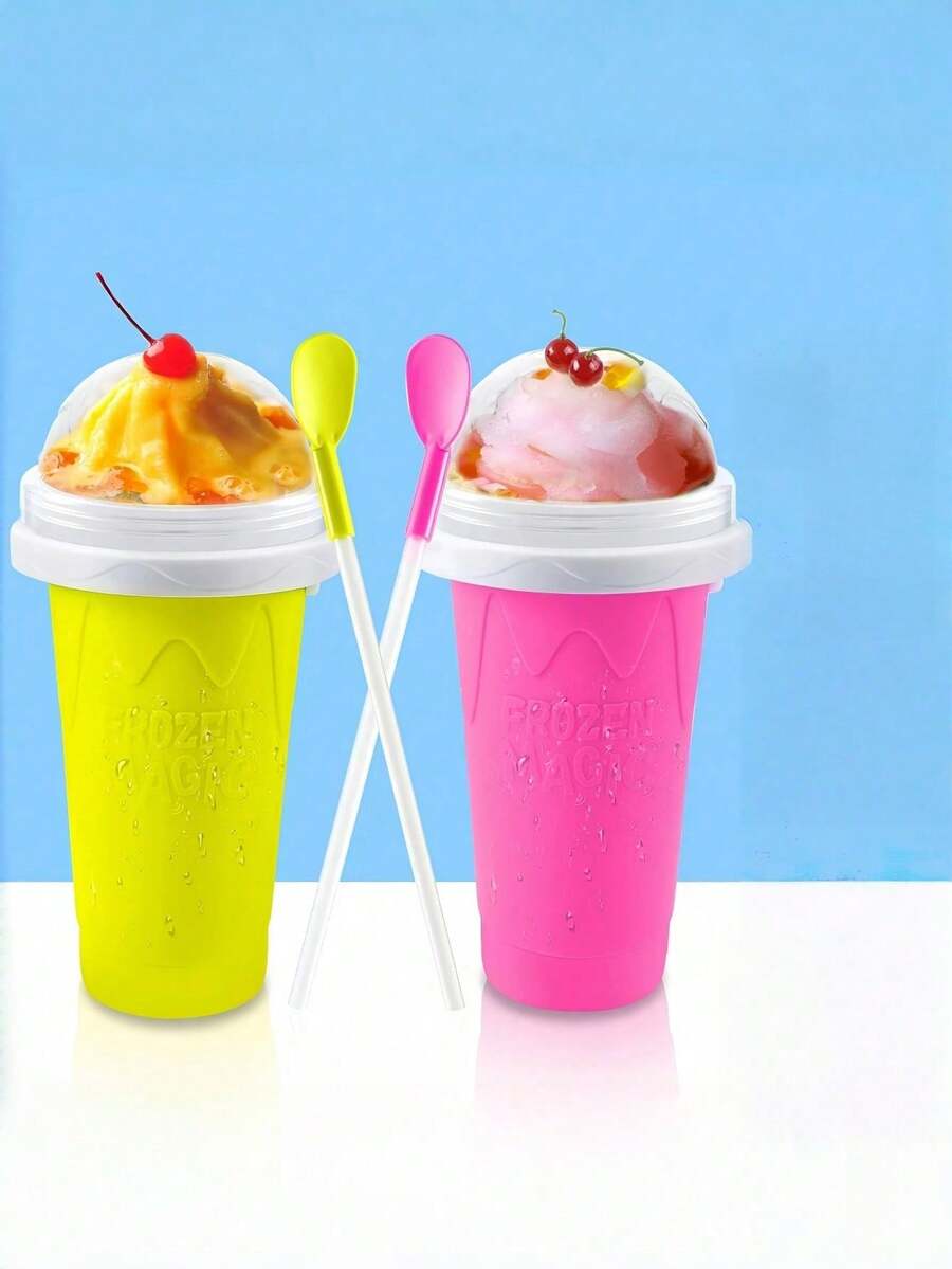 冰沙制作杯、DIY 冰雪魔法冰沙杯、双层硅胶冰沙捏冰杯、速冷杯自制奶昔冰淇淋机、冰沙制作杯、冰沙杯制作器、牛奶可乐果汁挤压杯、魔法速冻杯、冷却杯、带盖和吸管的冰沙杯，适合所有年龄段 - 彩色 - 查看 1