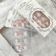French Tip Press On Toenails Short Square Fake Toe Nails White Flower False Toenails 3D Floral Toe Press On Nails With Rhiness Design Ossy Pink Acrylic Toenails Summer Nails For Women 24Pcs-0345 - 粉色 - 查看 2
