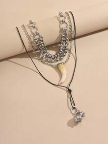 1 pieza Nuevo collar colgante de cuerno de animal multicapa apilado, diseño exagerado de lujo, joyería de moda para mujeres - Plata antigua - Ver 9