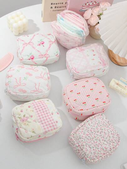Sac de maquillage mini floral rose, sac de rangement de cosmétiques mignon avec imprimé cerise, sac de voyage, pochette à bijoux avec fermeture éclair, sac organisateur de petits articles, mini sac de toilette