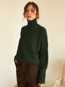 Knit Mix Áo len nữ cổ cao dáng rộng, thích hợp cho mùa thu/đông, áo chui đầu tay dài dày dặn, họa tiết đồng xu cổ điển tối giản, thời trang đa năng cho Giáng sinh, Năm mới, Ngày lễ tình nhân, mùa tựu trường. - xanh quân đội - Xem 4