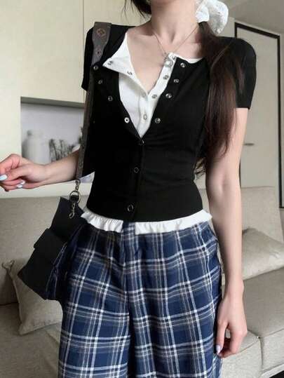 拼色圆领短袖修身休闲上衣