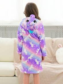 Tween Girl Bright Purple Unicorn Cute Hooded Robe - Multicolor - View 9