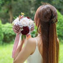 Dusty Blue Wedding Bouquets For Bride Bridesmaid, White Wedding Artificial Roses Flowers For Wedding Bouquets Ceremony, Anniversary - Burgundy & Dusty Rose - View 5