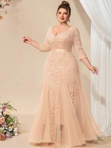 大码深V领亮片花卉蕾丝网纱美人鱼长裙，适合婚礼宾客、生日、家庭聚会、节日、毕业典礼等场合，尽显春季优雅气质。 - 香檳色 - 查看 7