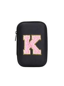 便携式 CCD 相机保护套，粉色字母 A-Z 毛巾刺绣，紧凑设计，防水材质，非常适合户外摄影爱好者和旅行者充电器盒，办公室必备数码包电缆相机包电子数据线整理器存储，钱包式移动电源盖旅行相机包，女士男士礼物，教师必备用品，防水轻便大容量便携式配件，适合暑假旅行，户外活动旅行必需品