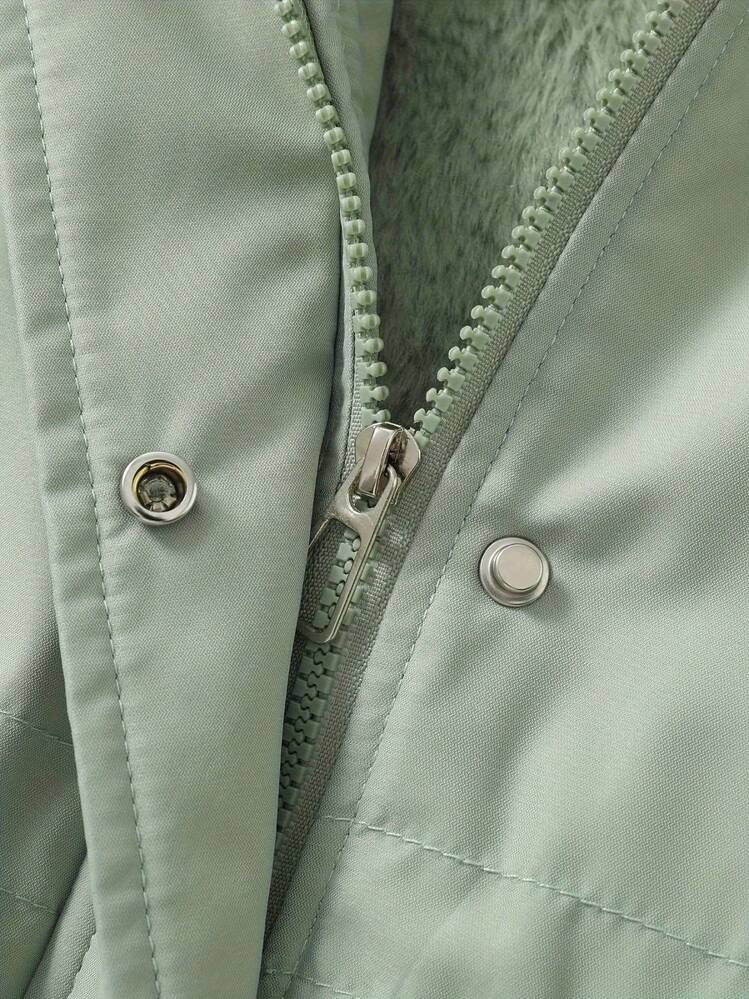 Women's Thicken Thermal Lined Parka Winter Warm Coat Adjustable Waist Rope Hooded Zip-Up Jacket With 2 Pockets 2 Fake Pockets,Skiing - Green - View 4