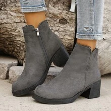 Women's Round Toe Chunky Heel Mid-Heel Side Zipper Elegant Ankle Boots, Fashion Suede High Heel Dress Boots - Grey - View 5