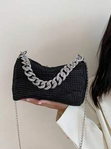 Shiny Rhinestone Hollow Metal Chain Decor Zipper Closure Women's Shoulder Bag