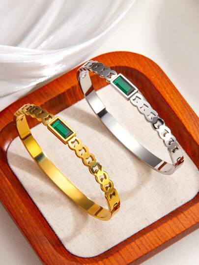 1pc Fashionable Green Cubic Zirconia Hollow Egg-Shaped Bracelet, Suitable For Women's Daily Wear