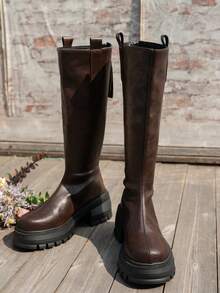 Jesień/zima 2025 Nowe buty damskie, skórzane, za kolano, z okrągłym noskiem, na grubym obcasie i grubej podeszwie, zapinane na zamek błyskawiczny z tyłu, wysoka, wodoodporna platforma, brązowe buty do połowy łydki, odpowiednie do codziennych dojazdów do pracy, modne damskie długie kozaki, rozmiar zaniżony, zalecamy zamówienie w górę