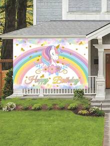 1pc Rainbow Unicorn Birthday Polyester Banner 100x150cm | Waterproof Background Cloth For Unicorn Theme Party Decor | Indoor Outdoor Fence Hanging Fabric | Wall Decor Cake Table Backdrop - Pink - View 2