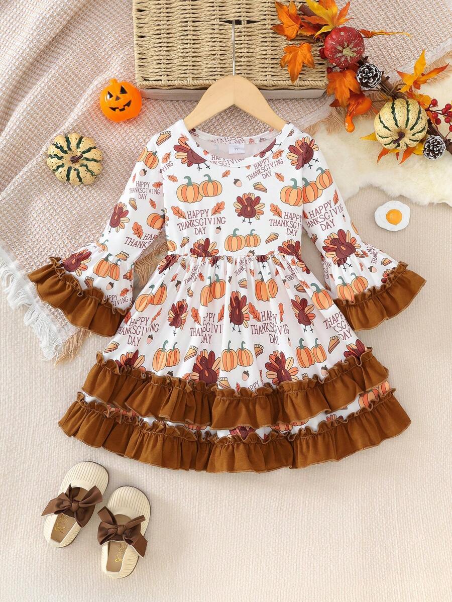 Thanksgiving Girls Autumn/Winter New Long Sleeve Round Neck Letter Cute Turkey Random Full Print Trumpet Sleeve Hemp Double Layer Lace Lady Dress