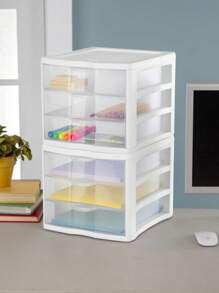 SPEIN Clear Plastic 3-Drawer Storage Bin - 8.5"L X 7.25"W X 6.875"H, White Frame, Stackable Desktop Organizer, See-Through Drawers For Cosmetics, Office Supplies, Crafts, 2 Pack