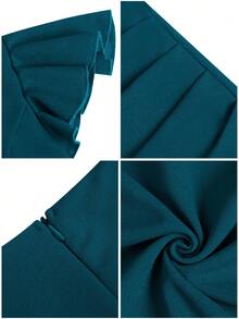 Missufe Women's Peacock Blue Ruffle Sleeve Sweetheart Ruched Wrap Slit Bodycon Party Elegant Midi Dress - Teal Blue - View 7