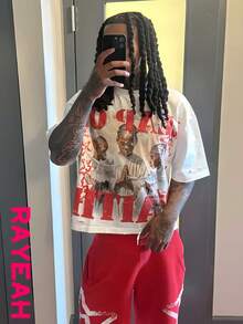 Fashionable Men's Round Neck Short Sleeved Printed Casual T-Shirt, Y2K Hip-Hop Street Retro Style 180g Pure Cotton, Cartoon Character Pattern Short Sleeved Versatile Summer Men's And Women's Essential T-Shirt Top - 白色 - 查看 1