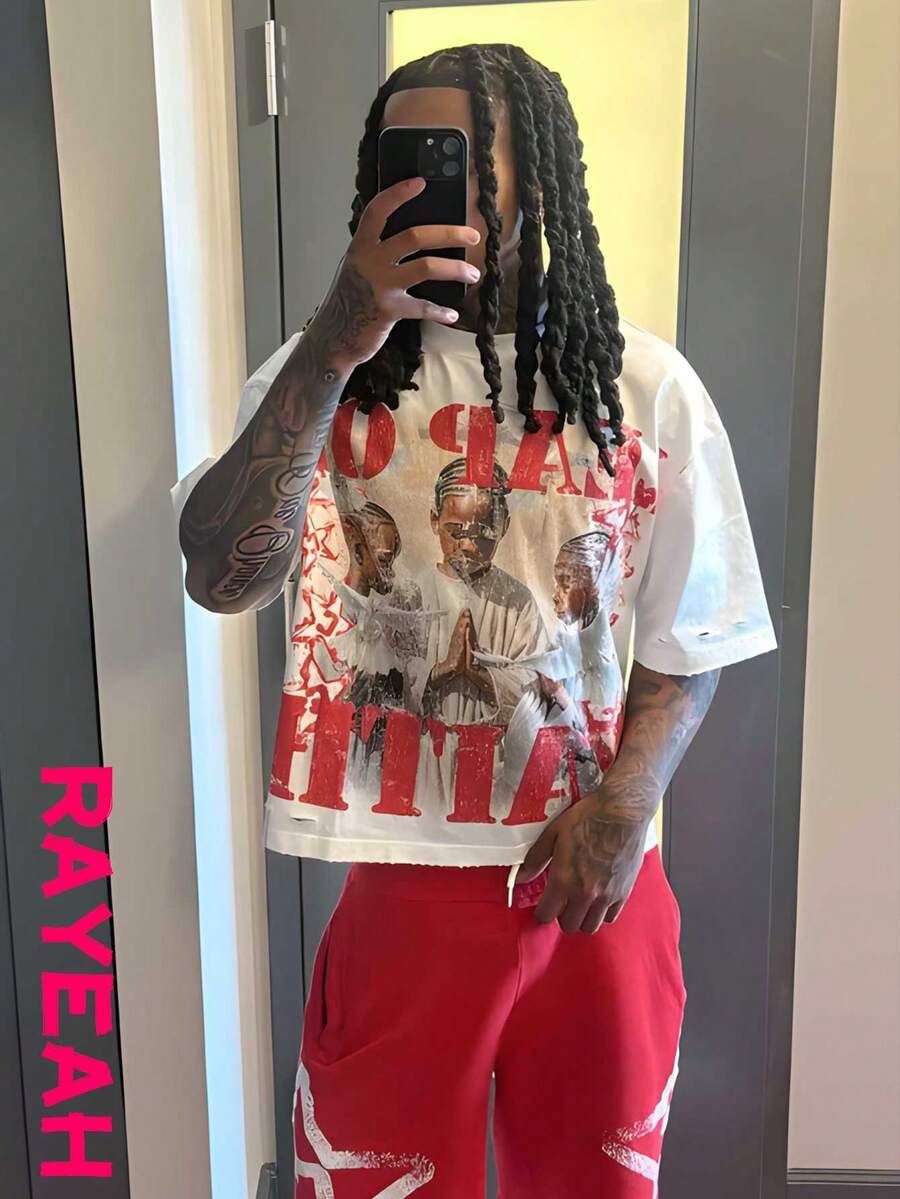 Fashionable Men's Round Neck Short Sleeved Printed Casual T-Shirt, Y2K Hip-Hop Street Retro Style 180g Pure Cotton, Cartoon Character Pattern Short Sleeved Versatile Summer Men's And Women's Essential T-Shirt Top - 白色 - 查看 1