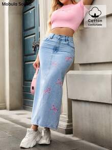 Mobula Sound Mid-East Spring & Summer Y2K Sexy Music Festival Student/Collegiate Versatile Casual Vacation Fashion Cute Bow Embroidery Figure-Flattering Denim Maxi Skirt - Blue - View 3