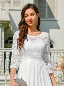 MIUSOL 优雅亮片花卉蕾丝七分袖褶裥雪纺正式派对长裙，正式晚礼服，适合婚礼宾客、毕业典礼、宴会及其他场合，白色春季款 - 白色 - 查看 9