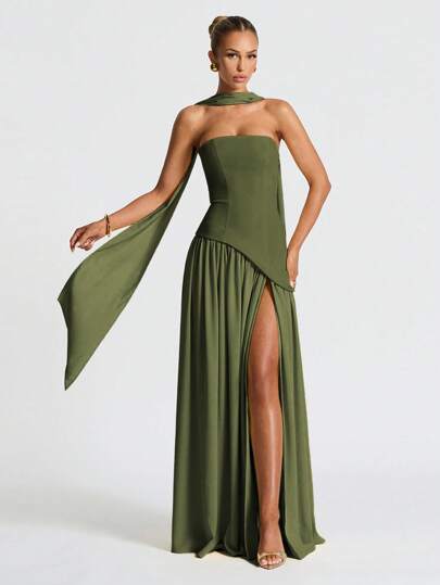 Elegant Sexy Strapless Slit Flowy Dress, Party Gown
