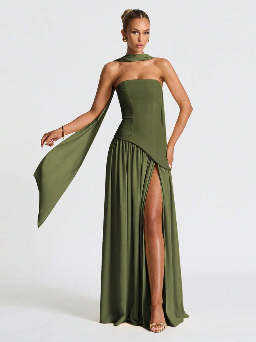 Elegant Sexy Strapless Slit Flowy Dress, Party Gown
