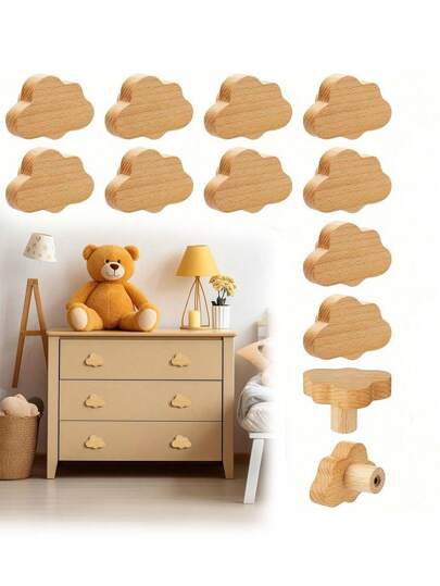 4/6/8 piezas Perillas de tocador estilo bohemio, tiradores de cajón de madera de haya natural, manijas de tocador en forma de nube, vienen con dos tamaños diferentes de tornillos, adecuados para gabinetes, muebles, cajones (la artesanía de madera puede variar ligeramente, la superficie puede aparecer ligeramente áspera)