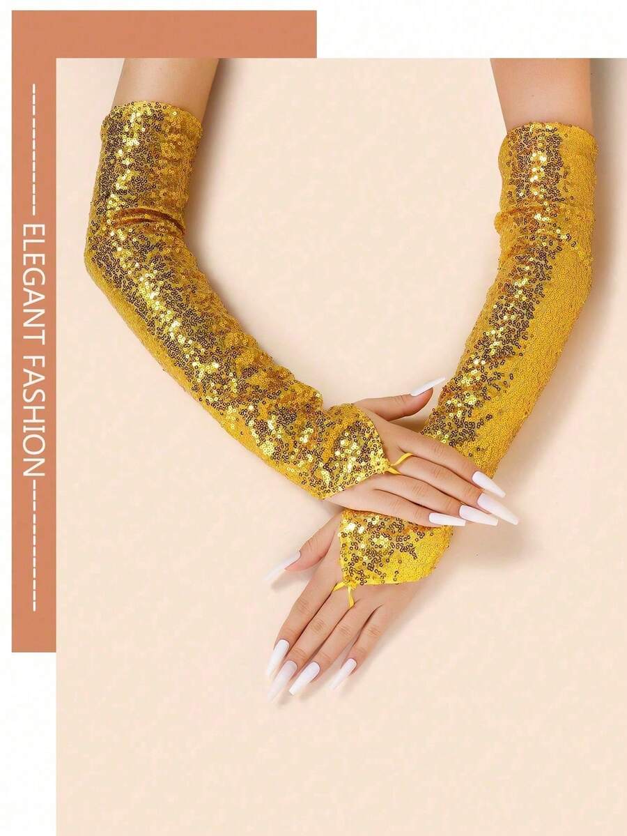 1 đôi găng tay dài không ngón phản quang đính sequin, trang phục biểu diễn sân khấu gợi cảm dành cho nữ, thích hợp cho mùa thu đông, giữ ấm tay, thời trang mùa hè. - Vàng - Xem 1