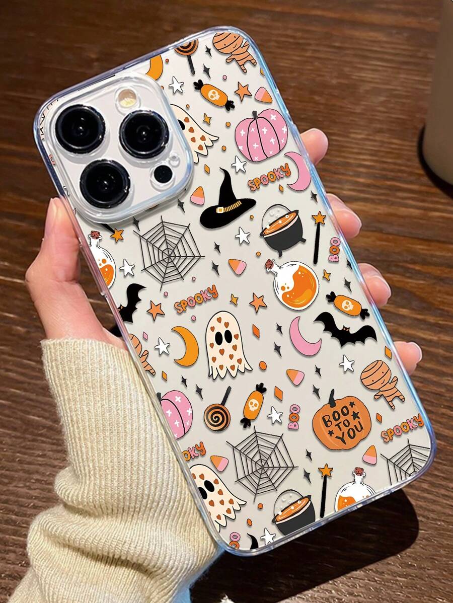 1pc Halloween Ghost Graphic Aesthetic Design Transparent TPU Full Body Shockproof Anti-Fingerprint Phone Case, Compatible With IPhone 16 Pro/16 Plus, 15/15 Pro Max/15 Pro, 11/12/13/14 Pro Max, 11 Pro/11 Pro Max, 12 Pro/12 Pro Max, 13 Pro/13 Pro Max, 14 Pro/14 Pro Max, Soft Shell, High-End Creative Waterproof Anti-Fall Scratch Resistant