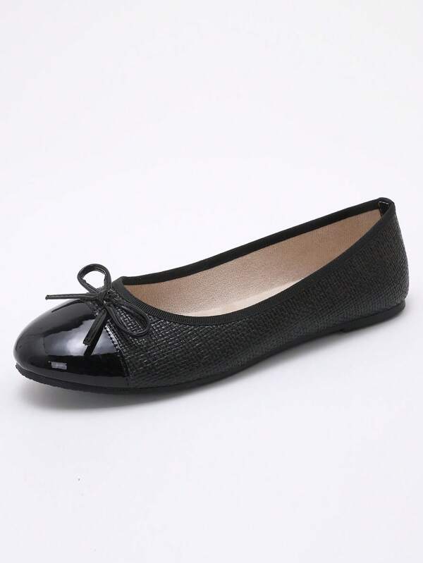 Black Round Toe Bowknot Flat Low-Top Comfortable Soft Bottom Slip-On Casual Flats, Suitable For Ballet, Travel, Hotel, Work, Party, Vacation, Elegant And Fashionable To Pair With Dresses