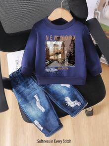 两件套男婴/女婴休闲字母和图案印花运动衫和裤子套装，舒适夏季服装 - 藏蓝色 - 查看 3