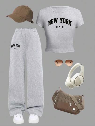 女童夏季纯色T恤+喇叭裤套装，甜美可爱美式少女风服装，弹性舒适面料，尺码偏小，适合7-11岁女孩