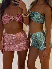 Women Sequin Sparkly Mini Skirt Set Y2K Starfish Shiny Bra Tops And Low Rise Bodycon Mini Skirt Set Summer Glitter Going Out Club Suit - 綠色 - 查看 5