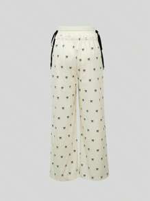 2025 Spring And Autumn Fashion Lace Ribbon Bowknot Print Wide Leg Pants, Suitable For Women In Spring, Autumn, Halloween, Christmas, Saudi National Day, New Year