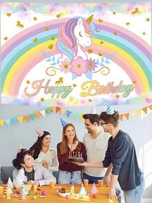 1pc Rainbow Unicorn Birthday Polyester Banner 100x150cm | Waterproof Background Cloth For Unicorn Theme Party Decor | Indoor Outdoor Fence Hanging Fabric | Wall Decor Cake Table Backdrop - Pink - View 4