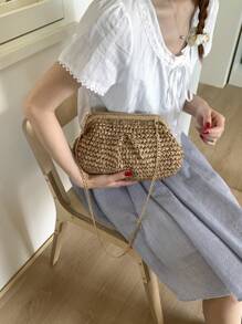 Bolso cruzado de mujer de verano de paja trenzada con borla y cadena, bolso de playa tejido con correa para el hombro, cartera hecha a mano, 1 bolso de embrague de paja trenzada de color beige claro para mujer, bolsas de playa, artículos esenciales para vacaciones, perfecta opción para damas de moda, ideal para el verano.