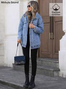 中东百搭休闲运动时尚女士春秋冬保暖防寒服装，蓝色 Y2K 学生学院风年轻款牛仔夹克，女士 - 藍色 - 查看 4