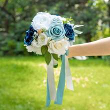 Dusty Blue Wedding Bouquets For Bride Bridesmaid, White Wedding Artificial Roses Flowers For Wedding Bouquets Ceremony, Anniversary - Dusty Blue - View 5