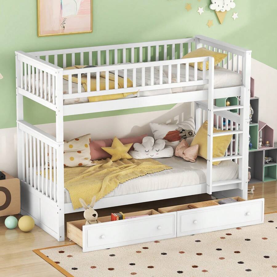 Practical Children's Bed With Two Drawers And High Guard Rail For More Order