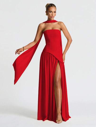 Elegant Sexy Strapless Slit Flowy Evening Gown Dress For Party