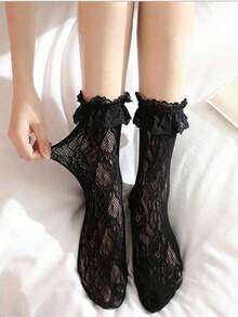 1 Pair Women's Lace Mid-Calf Socks With Big Lace Trim, Elastic Hollow Mesh Stockings, Style Kawaii Lace Socks - 黑色 - 查看 8