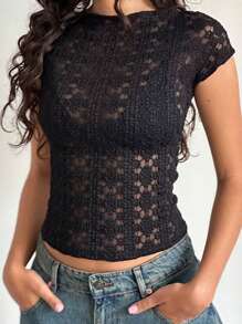 Women's Sheer Lace Tops Summer Cap Sleeve Scoop Neck Solid Color T-Shirts Blouses