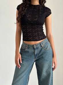 Women's Sheer Lace Tops Summer Cap Sleeve Scoop Neck Solid Color T-Shirts Blouses