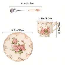 Juego de té de porcelana con rosas vintage, tazas de té con tetera, bandeja de servir y cucharitas, servicio para 4 personas, adecuado para regalos de fiestas de té - Multicolor - Ver 4