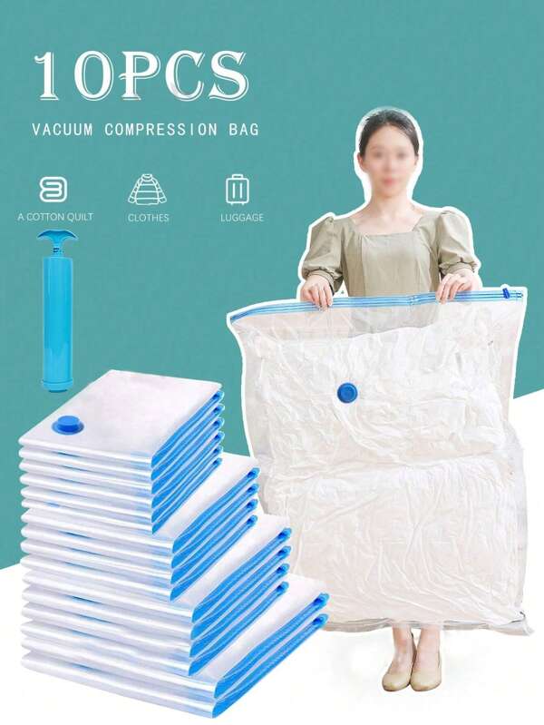 10/1pc Vacuum Compression Bags, Vacuum Storage Bags, Airtight Sealing Bags, Manual Air Pump, Clothes Storage Bags, Travel Compression Bags, Household Luggage Bags, Vacuum Bags, Clothes Storage Bags, Travel, Storage Bags Travel Accessories, Travel Organizer, Home Storage Space Saving And Travel Organizer Hanging Garment Bags
